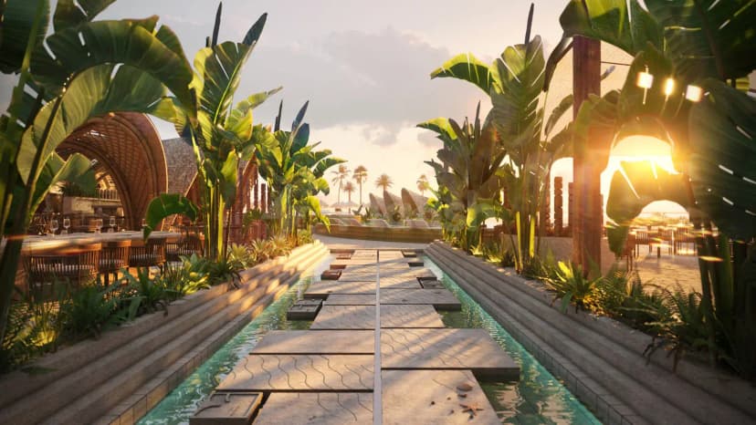 Rooftop terrace at Kaimana Restaurant and Beach in Dubai with a shallow water channel flanked by tropical plants
