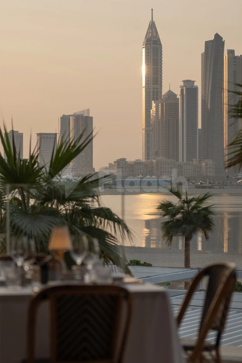 Rooftop terrace at Ristorante Loren in Dubai with palm trees, water view, and city skyline during golden hour