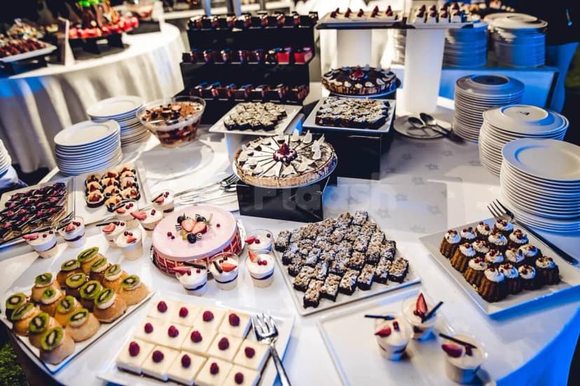 Restaurant buffet table at Emirates Golf Club Dubai featuring assorted desserts including fruit-topped cake and raspberry squares