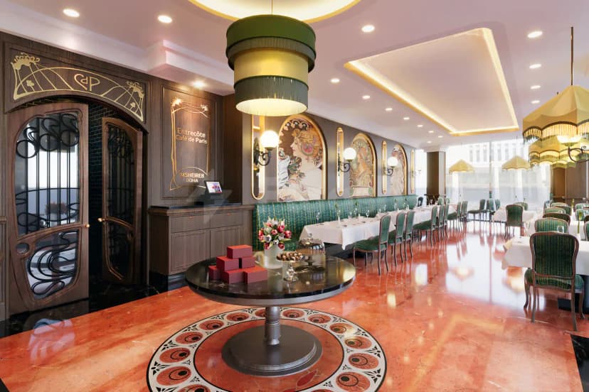 Entrecôte Café de Paris Restaurant Riyadh Al Faisaliah Tower features art nouveau doors and green velvet banquettes