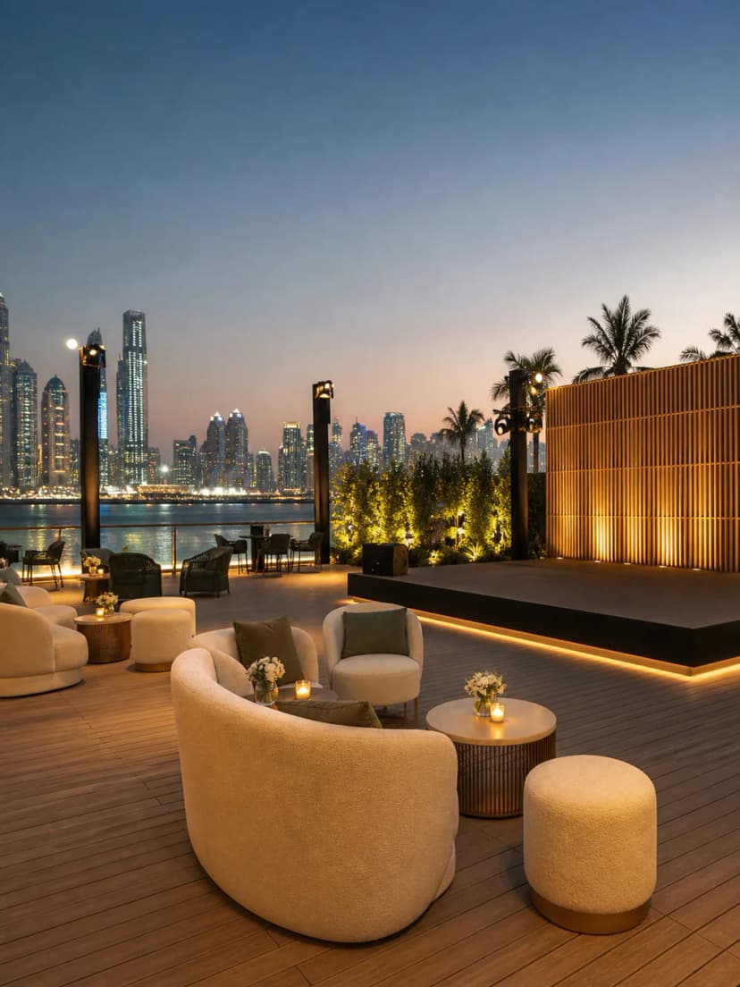 Evening waterfront terrace with lounge seating, palm trees and the Dubai skyline.