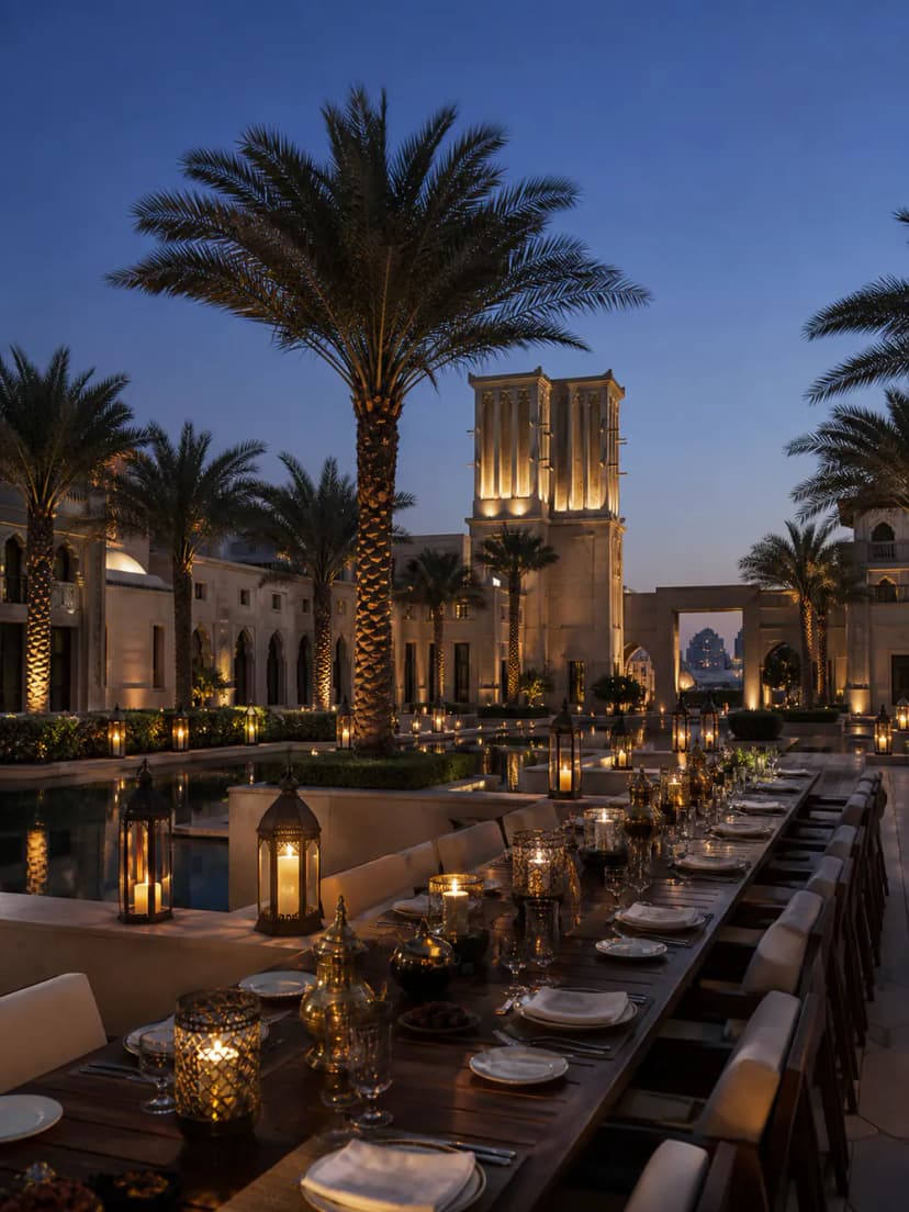 Lantern-lit courtyard dining setup among palm trees for a corporate Iftar.