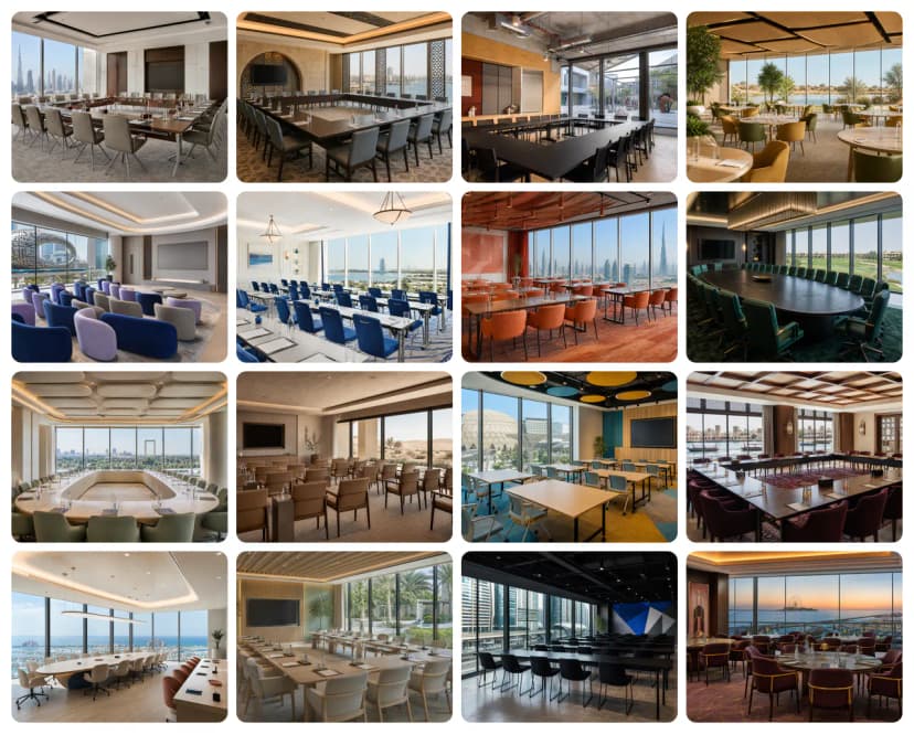 Collage of sixteen meeting rooms with views across Dubai for corporate events.