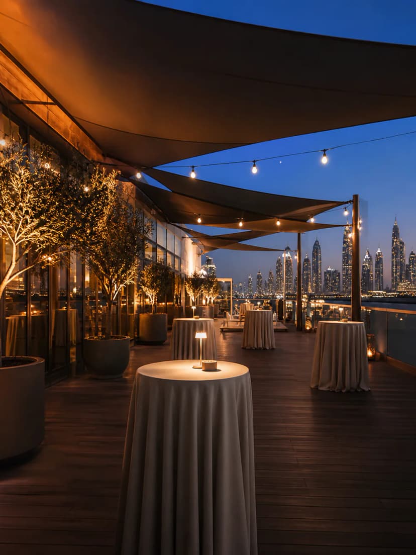 Rooftop cocktail terrace with string lights, high tables and the Dubai skyline at dusk.