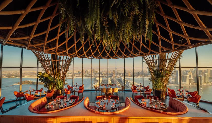SUSHISAMBA Dubai dining room with panoramic views across Palm Jumeirah and the Dubai skyline.