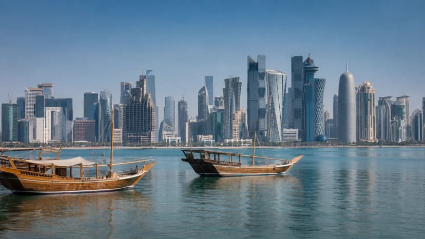 Doha waterfront skyline and business district viewed across the bay.