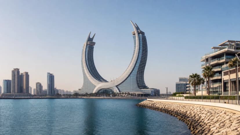 Modern towers and waterfront event district in Lusail, Qatar.