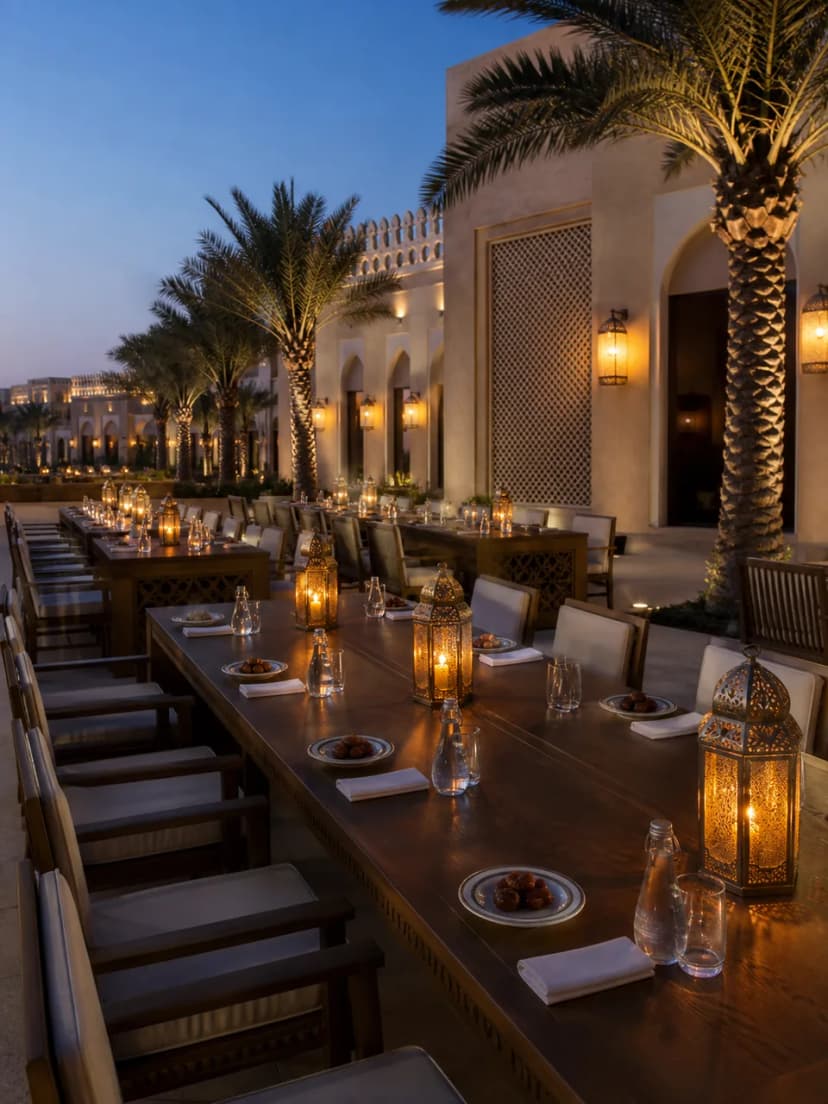 Refined private dining venue in Qatar prepared for a corporate Ramadan gathering.