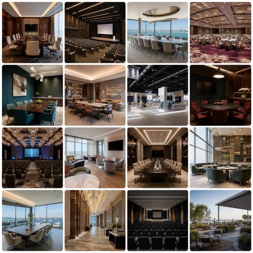 Selection of premium meeting rooms, conference halls and waterfront event venues in Doha.