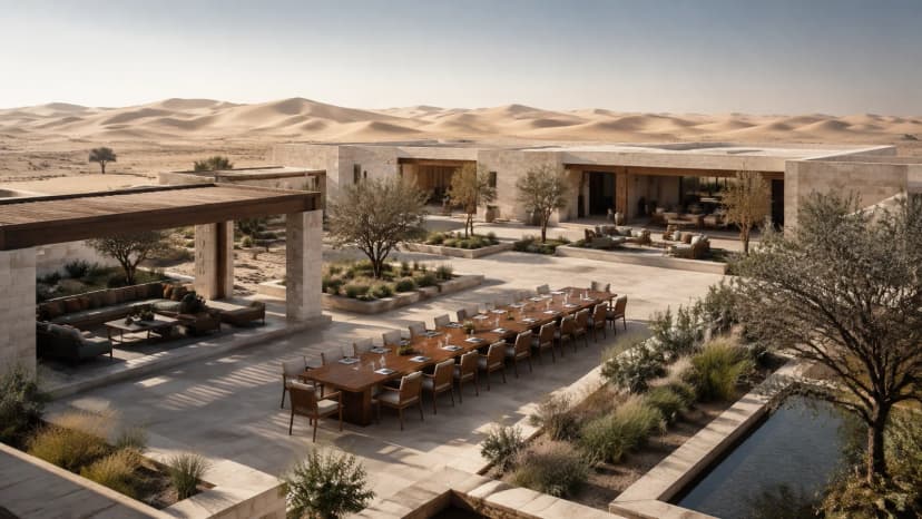 Contemporary desert retreat in Qatar with an executive courtyard meeting space among rolling dunes.