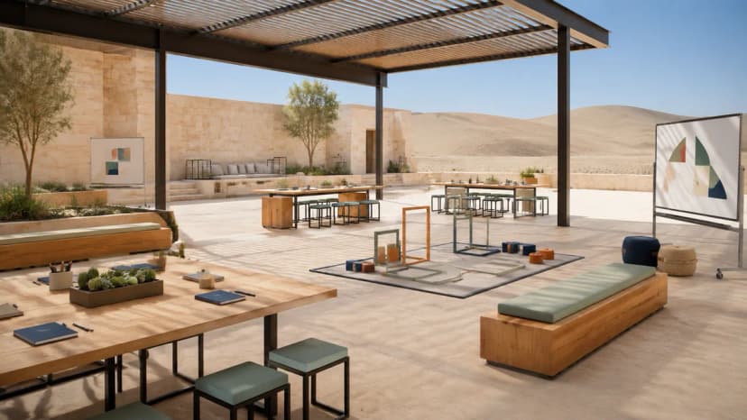 Contemporary desert retreat courtyard in Qatar prepared for a collaborative team-building workshop.