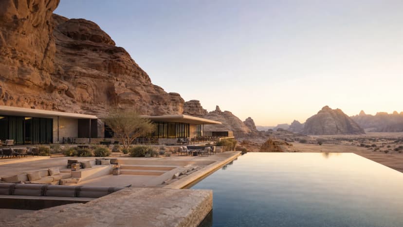 Luxury desert resort set among the sandstone landscapes of AlUla, Saudi Arabia.