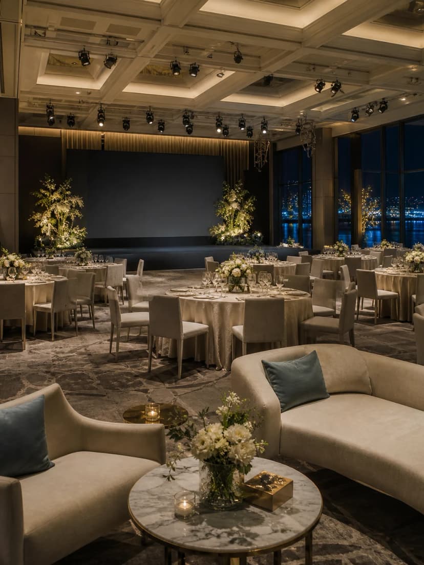 Evening banquet venue with stage prepared for a corporate celebration.