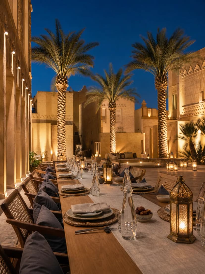 Palm-lined courtyard set for an evening corporate iftar in Saudi Arabia.