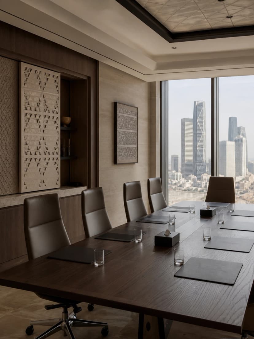 Executive boardroom with Riyadh skyline views for a corporate meeting.