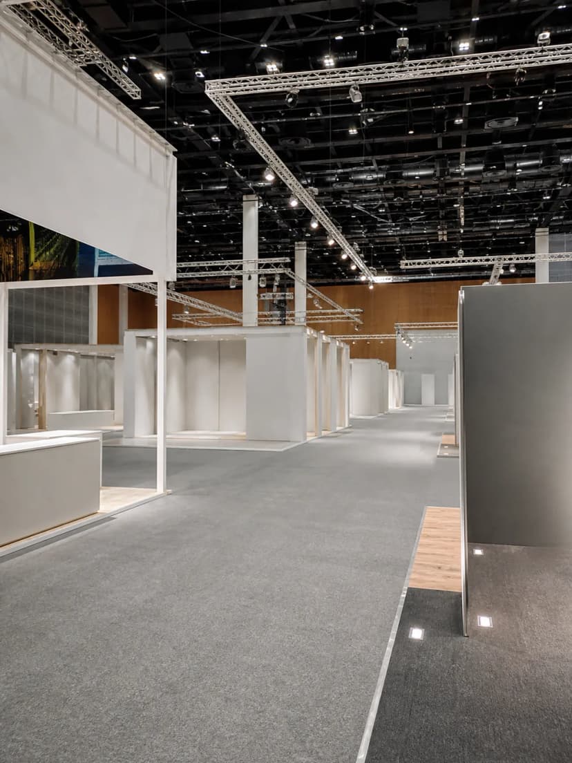 Unbranded exhibition hall prepared with modular stands for a Saudi trade show.