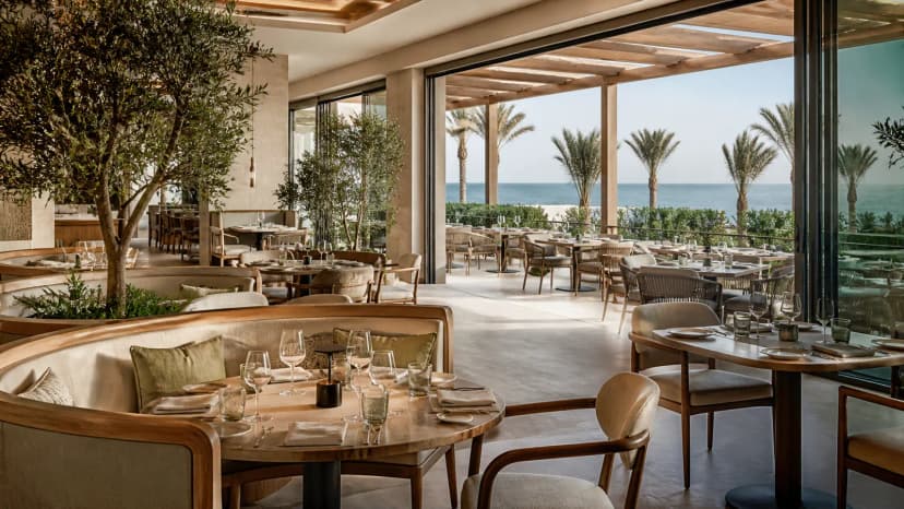 Bright contemporary restaurant overlooking the Red Sea in Jeddah, Saudi Arabia.