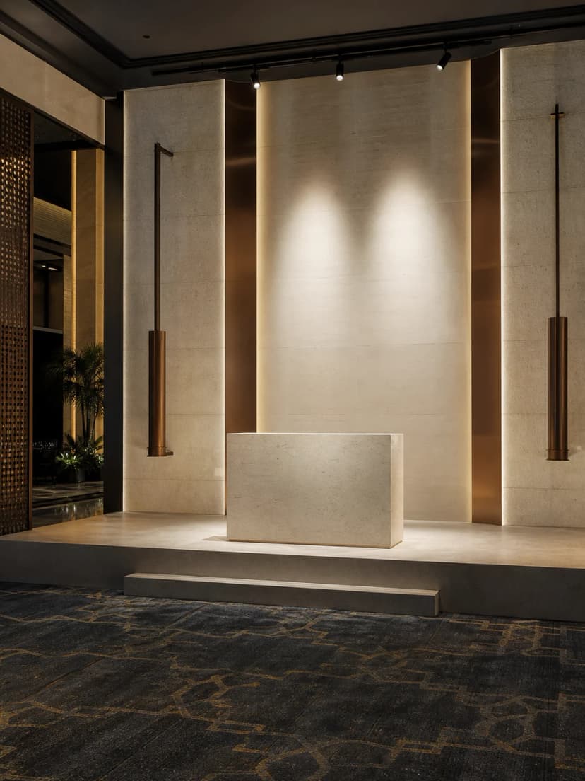 Minimal presentation stage in a contemporary Saudi venue for a product launch.