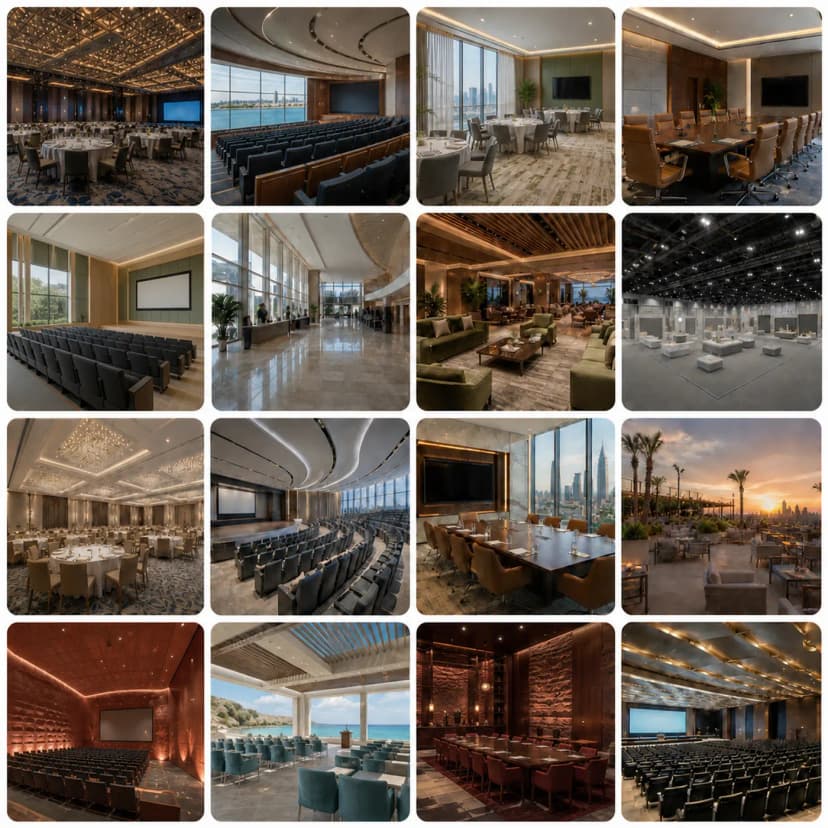 Sixteen distinct conference and convention venue ideas in Saudi Arabia, including auditoriums, ballrooms, boardrooms and exhibition spaces.
