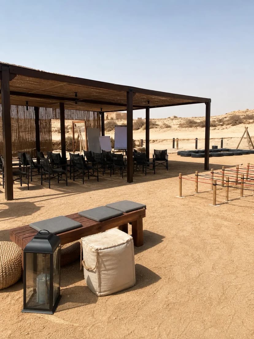 Desert pavilion configured for a corporate team-building workshop in Saudi Arabia.
