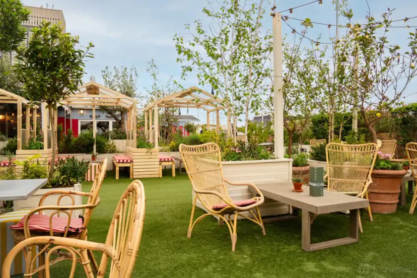 Garden terrace at 1864 Rooftop Bar & Kitchen on Oxford Street, London.
