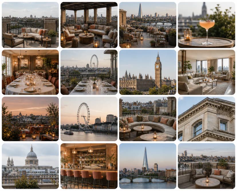 Collage of premium Central London rooftop venues with skyline views.