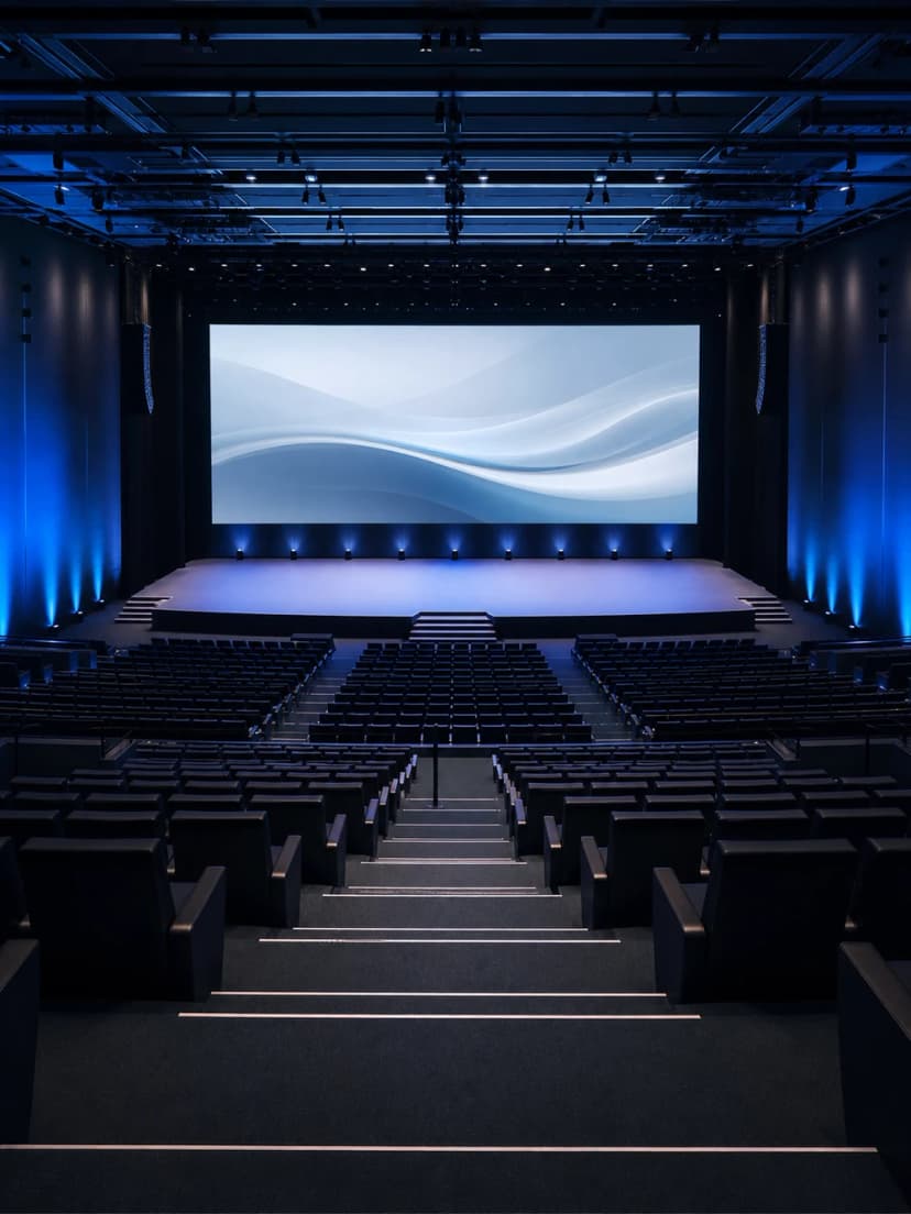 Modern UK conference auditorium with tiered seating and professional stage lighting.