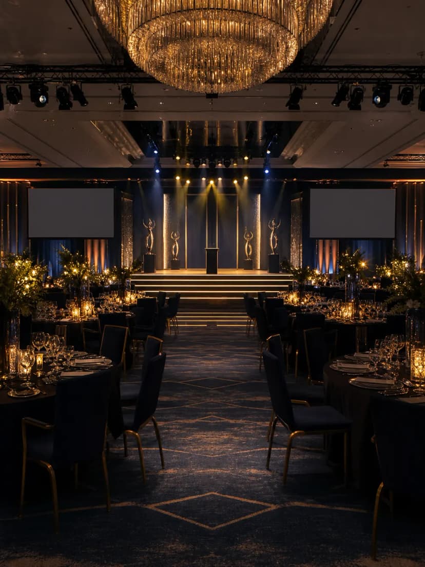 Premium UK ballroom arranged for a corporate awards ceremony.
