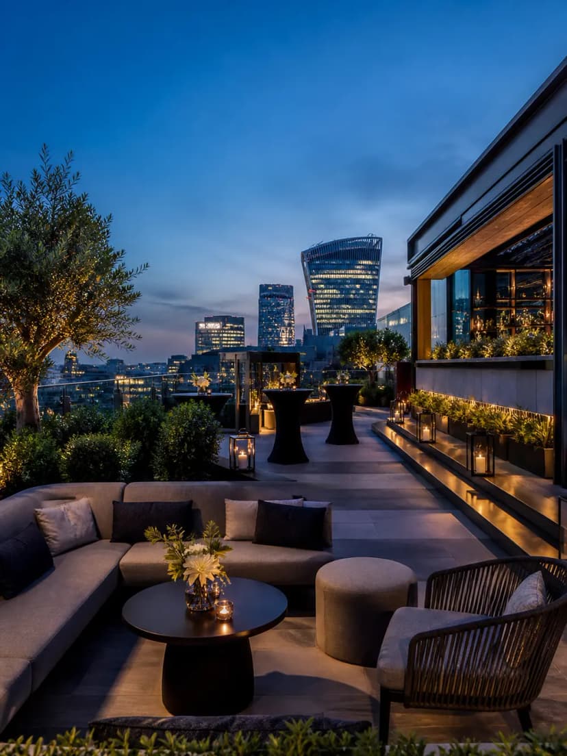 Elegant London rooftop prepared for a corporate party at blue hour.