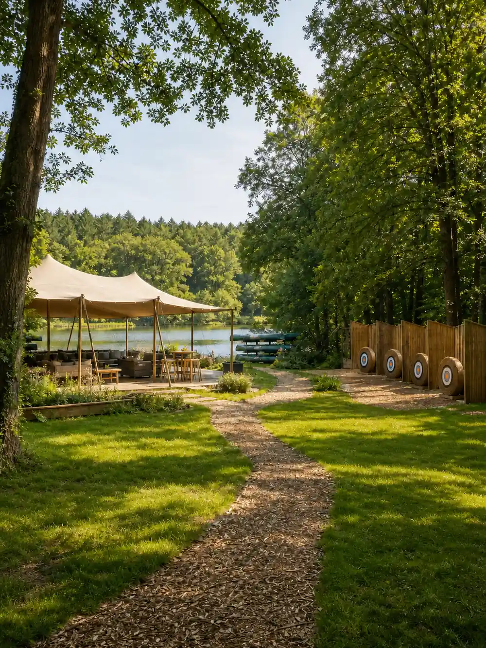 Outdoor corporate team-building venue with archery targets, canvas pavilion and canoes beside a woodland lake in the UK.