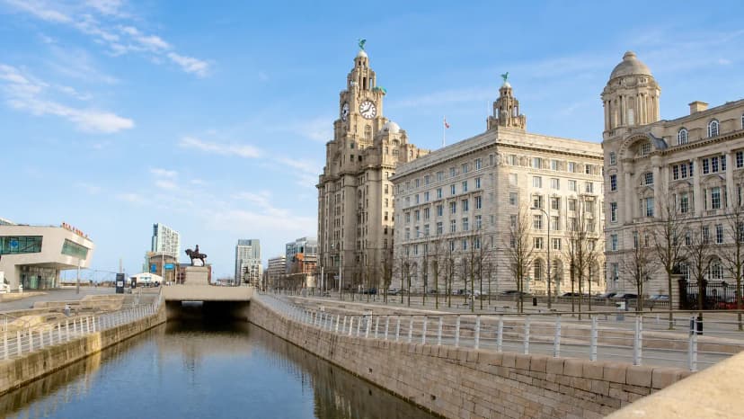 Royal Liver Building and the Three Graces on Liverpool Waterfront.