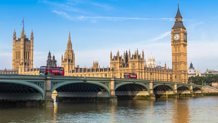 Big Ben, the Houses of Parliament and Westminster Bridge in London.