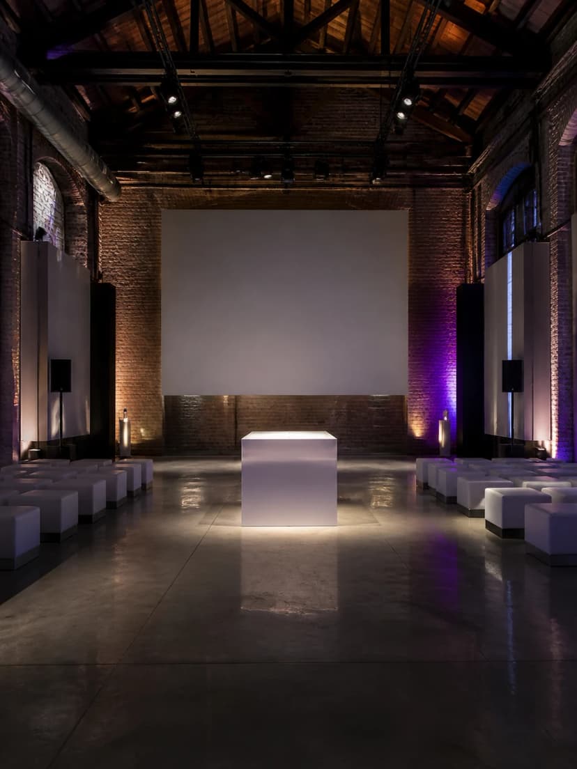 Industrial London event space with dramatic lighting for a product launch.