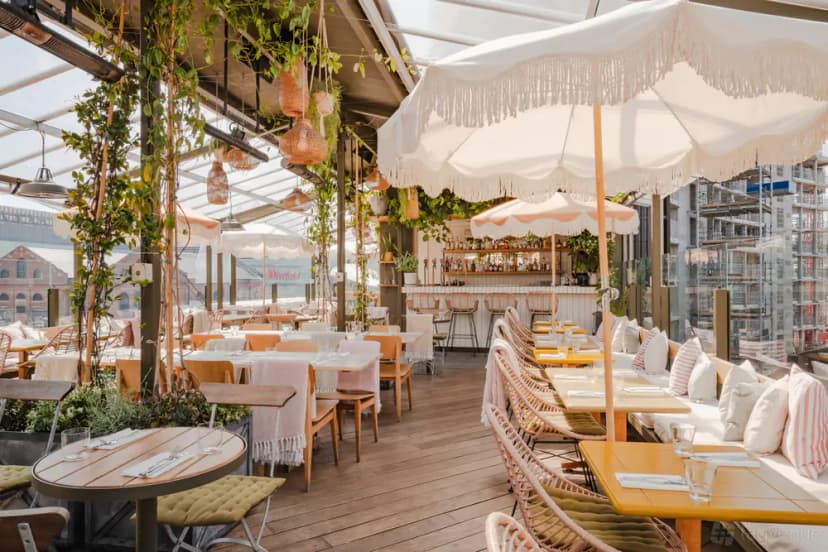 Covered rooftop terrace at The Broadcaster White City in London.