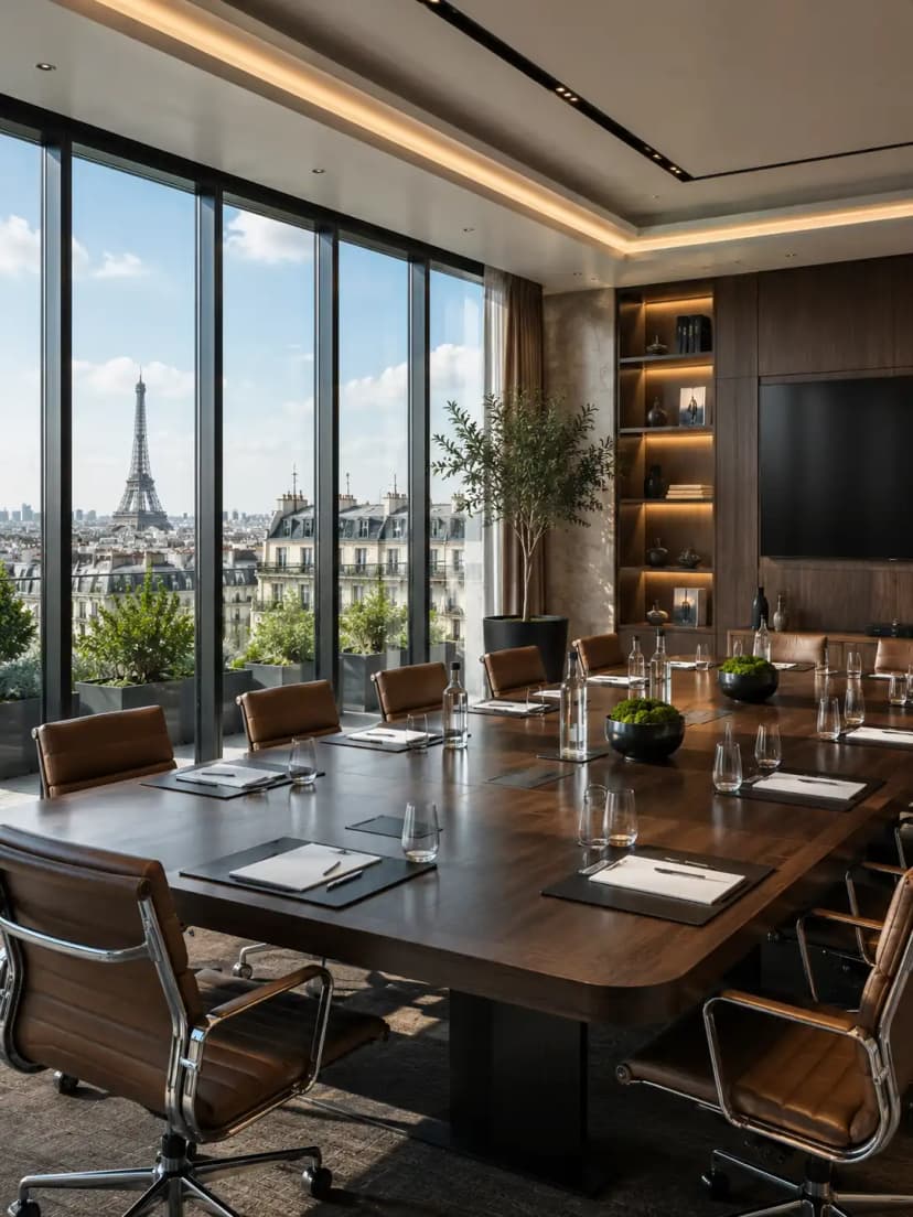 Salle de réunion exécutive avec vue sur les toits de Paris