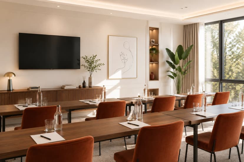Salle de réunion premium avec fauteuils terracotta, mobilier en bois et lumière naturelle