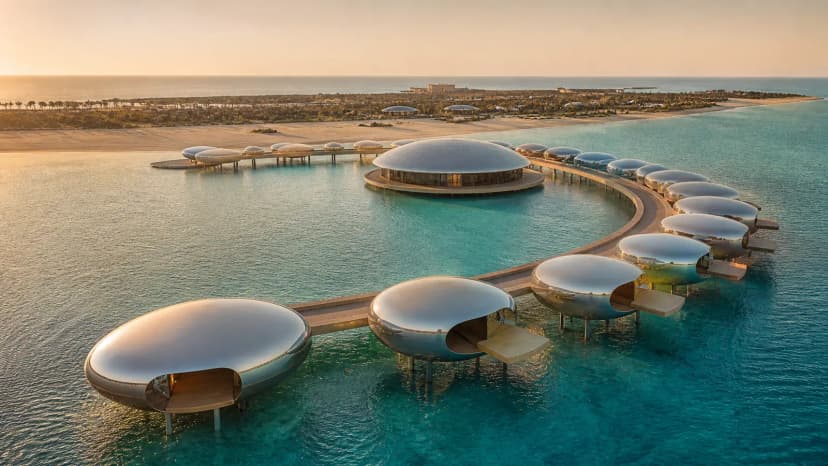 Aerial view of reflective overwater villas at Shebara Resort on Saudi Arabia’s Red Sea coast.